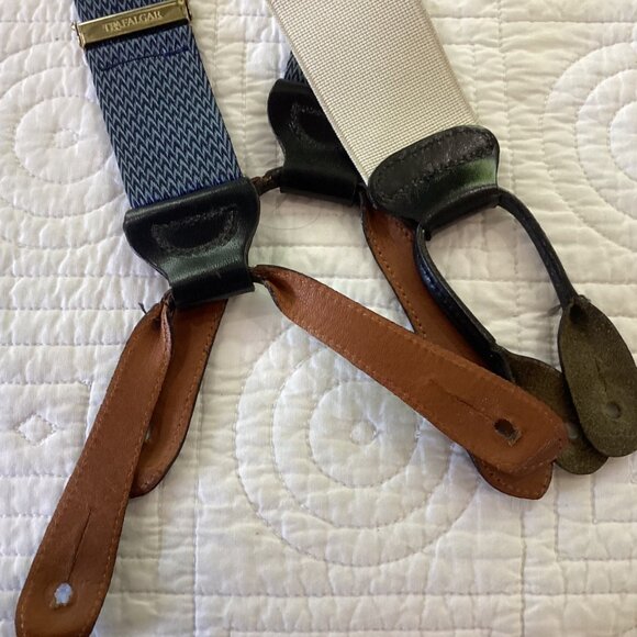 Trafalgar Mens Blue & White Elastic Suspenders With Leather Accents Adjustable L - Picture 4 of 9